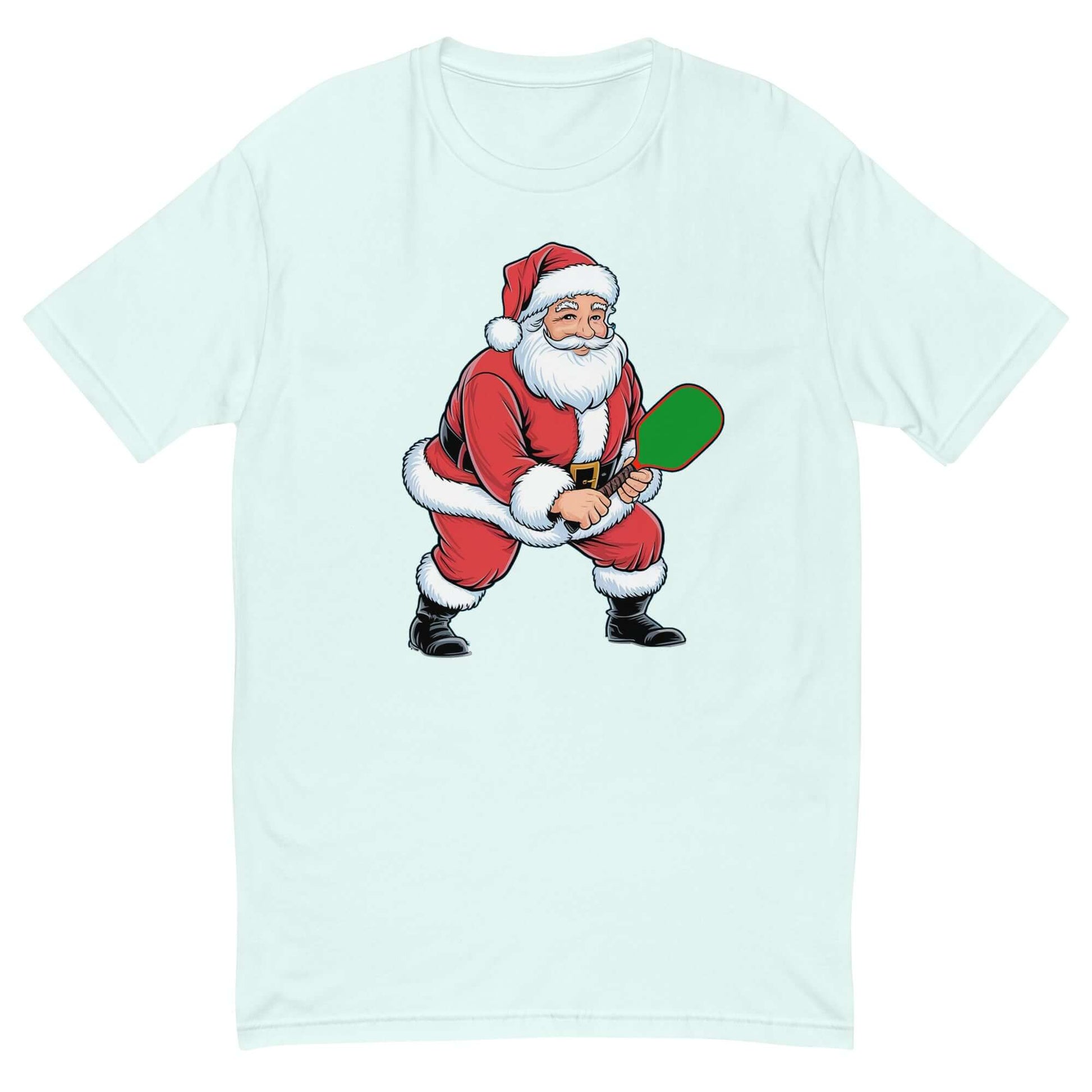 front of Santa's Pickleball Playtime T-Shirt: Festive Fun for Pickleball Fans! (light blue)