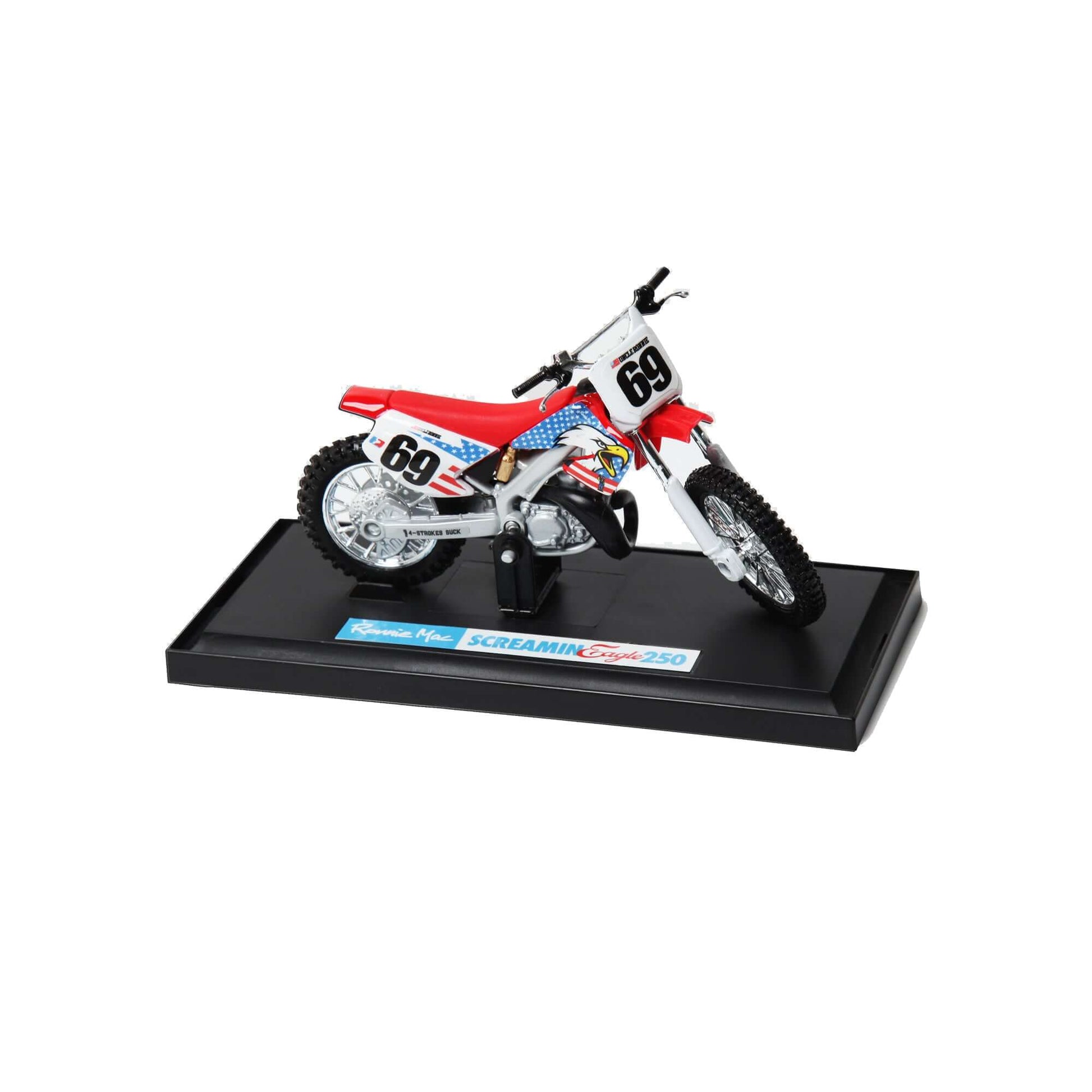 Screamin Eagle 250 Replica Collectible Dirt Bike on display stand with number 69 and vibrant graphics.