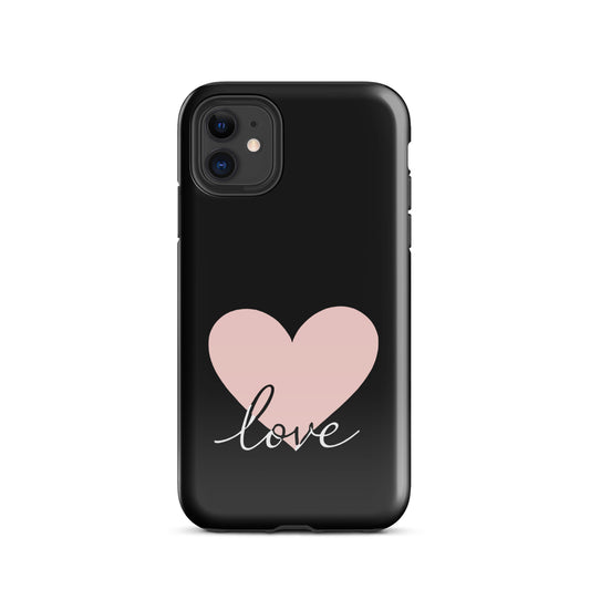 Phone Case for iPhone featuring a pink heart and script 'love' design on a sleek black background.