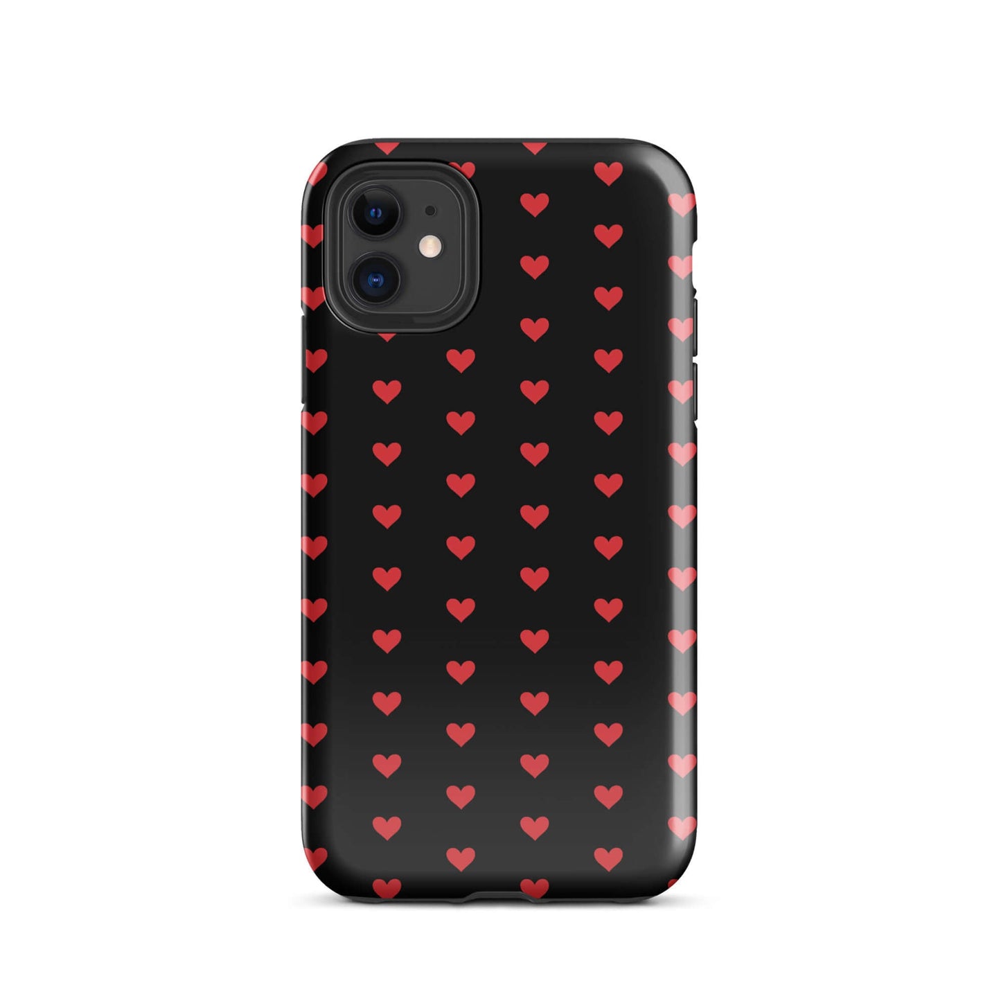 Phone Case for iPhone featuring a pattern of fiery red hearts on a black background, modern and stylish.