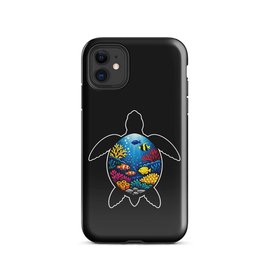 Phone Case for iPhone with vibrant sea turtle reef design and colorful coral illustrations.