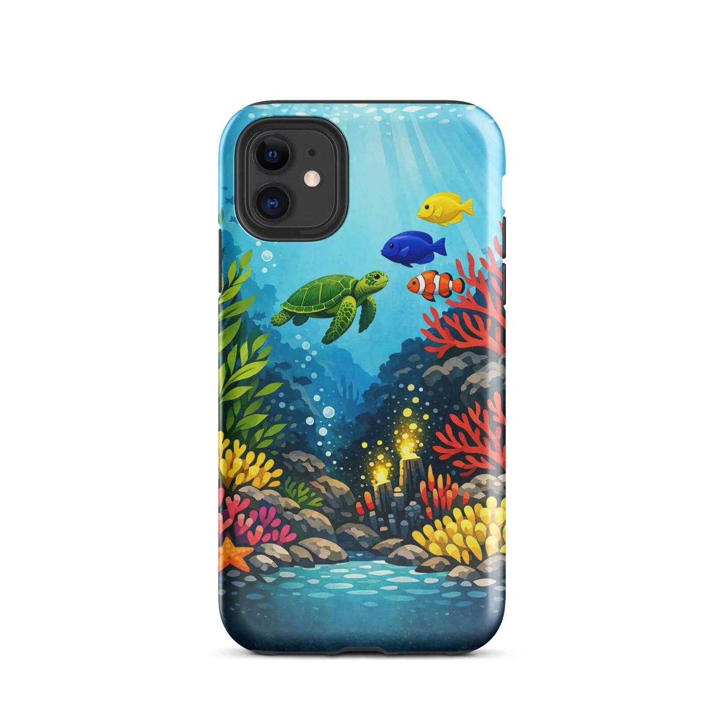 Phone case for iPhone featuring vibrant sea turtle and coral reef underwater design.