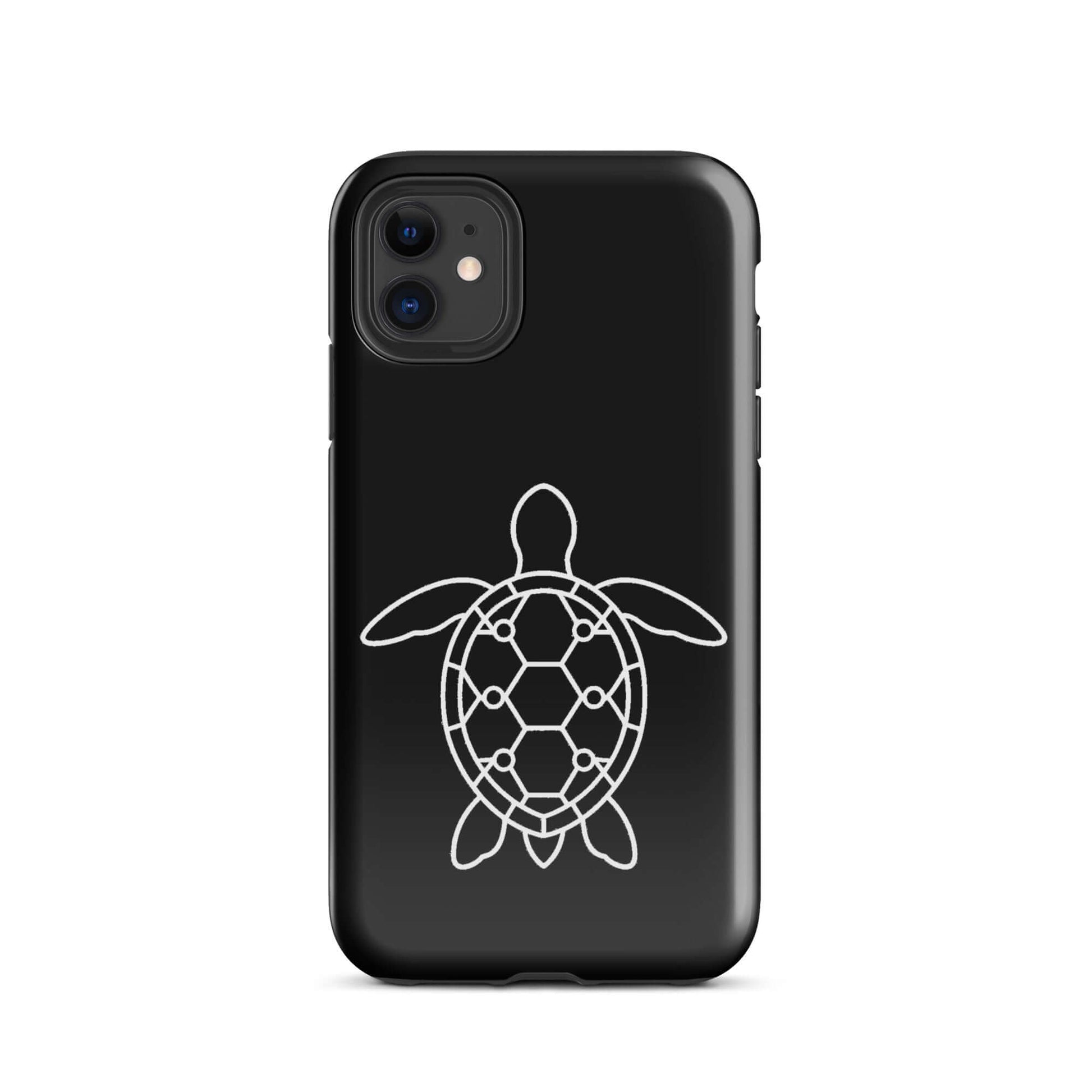 Phone case featuring a minimalist sea turtle silhouette with a geometric pattern on a sleek black background.
