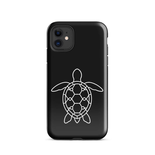 Phone case featuring a minimalist sea turtle silhouette with a geometric pattern on a sleek black background.