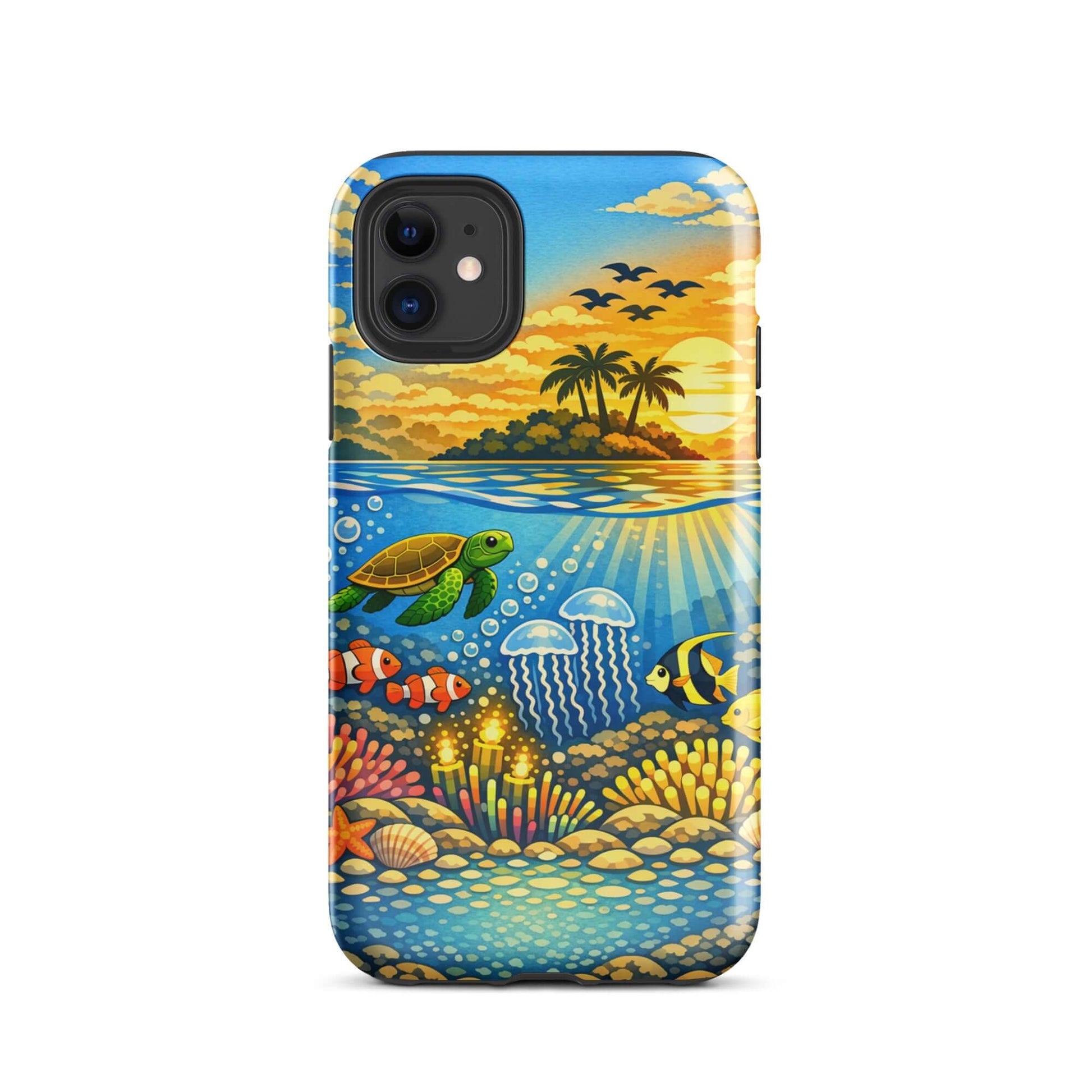 Phone Case featuring a vibrant tropical sunset and underwater reef illustration with sea life.