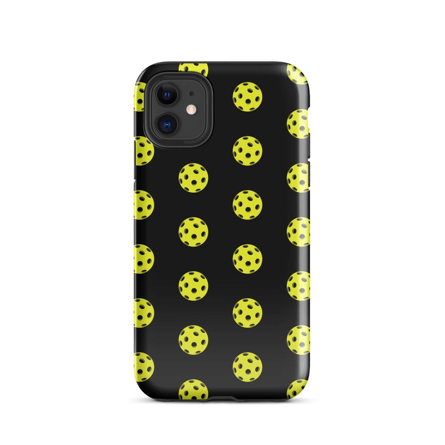 Phone Case featuring a playful pickleball pattern on a black background for sporty style.