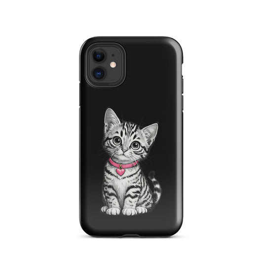 Phone Case featuring pencil sketch kitten with pink heart charm, elegant black-and-white design for iPhone with premium protection.