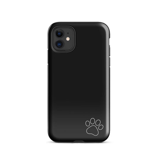 Phone Case for iPhone with black design, featuring a small white paw print, minimalist tough protection, perfect for pet lovers.