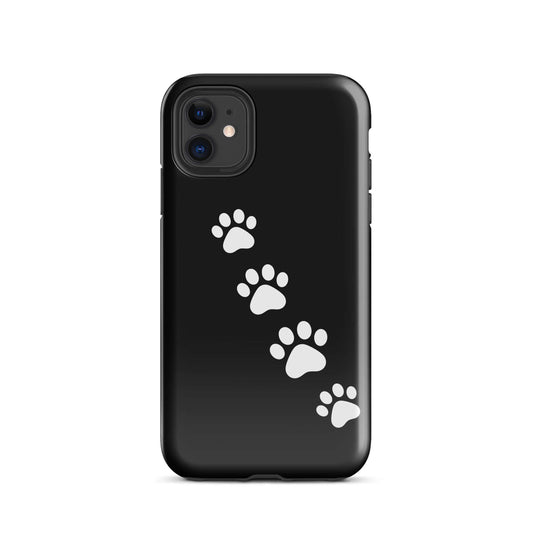 Phone case with paw print trail design on sleek black background for pet lovers
