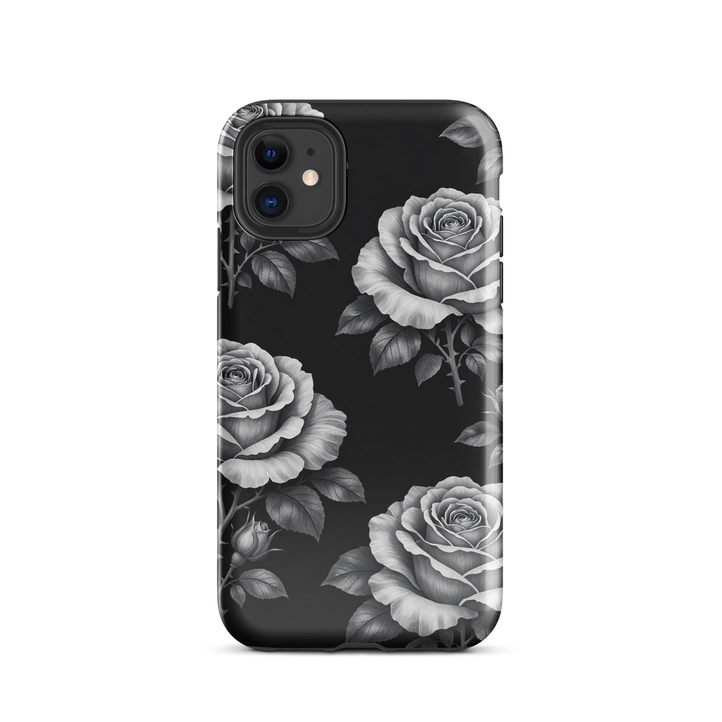 Phone Case for iPhone with rose garden design, featuring sketched roses and leaves on a black background.