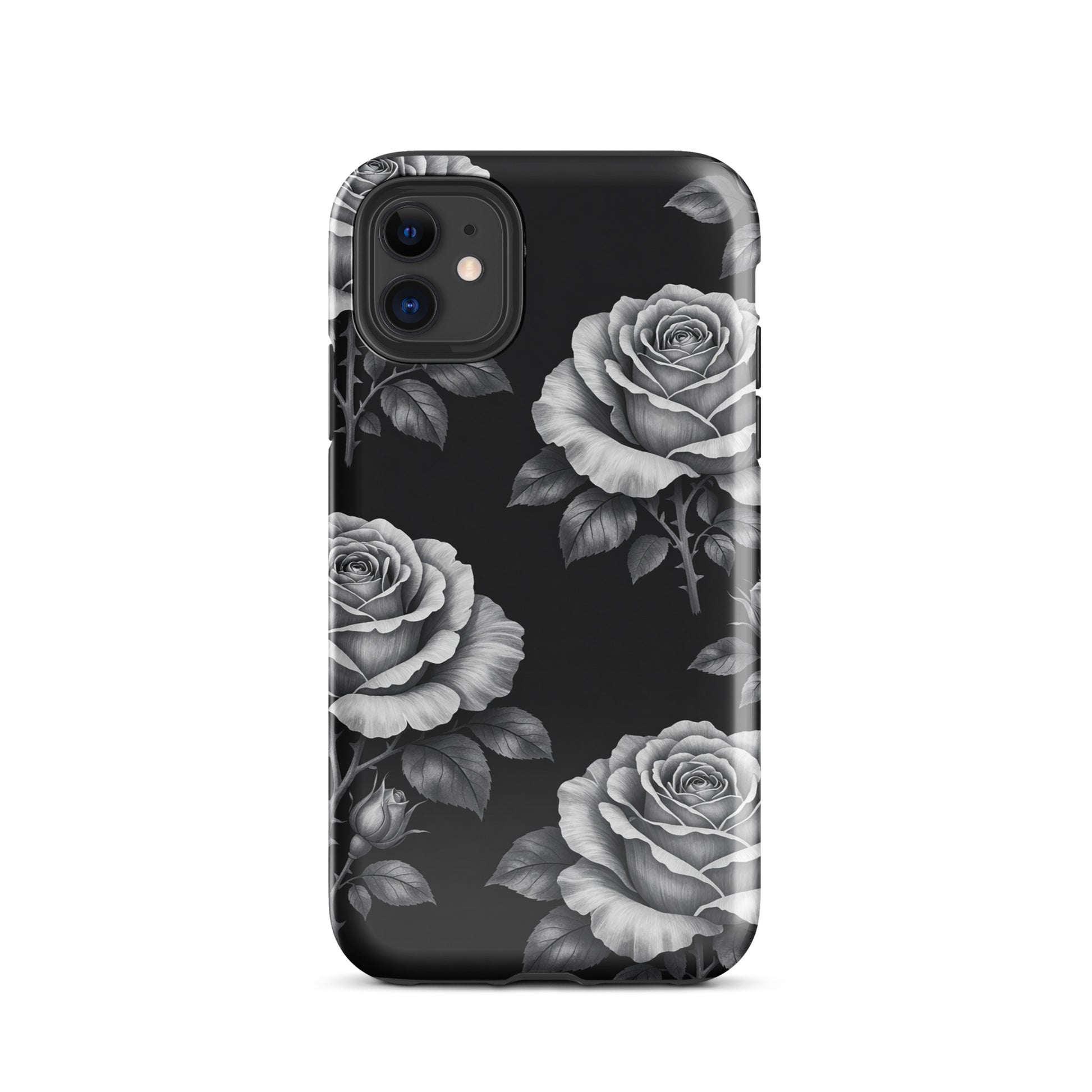 Phone Case for iPhone with rose garden design, featuring sketched roses and leaves on a black background.