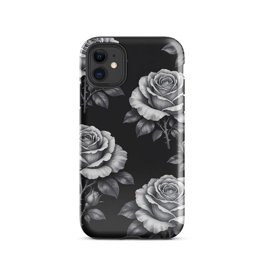Phone Case for iPhone with rose garden design, featuring sketched roses and leaves on a black background.
