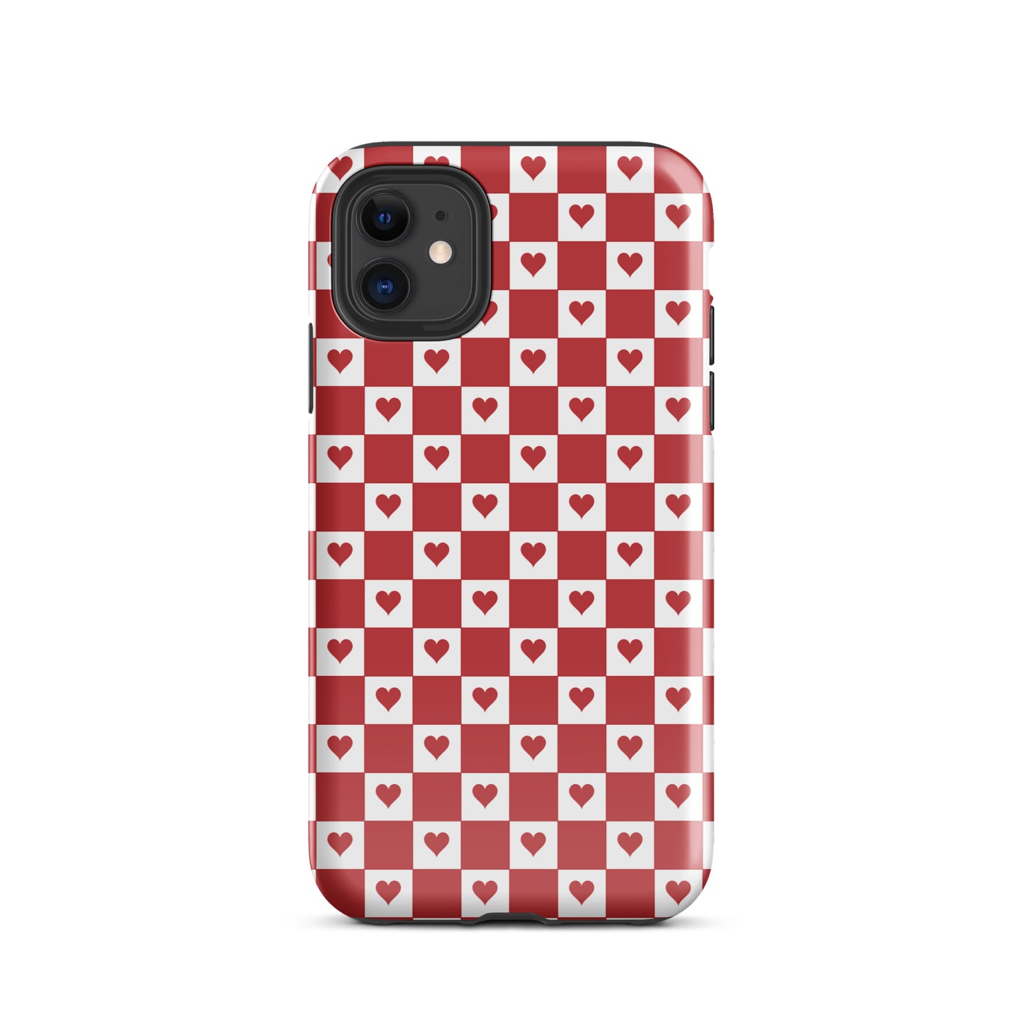 Phone Case for iPhone with cute red heart checkered design, featuring crimson hearts on a red-and-white pattern, adds charm and personality.