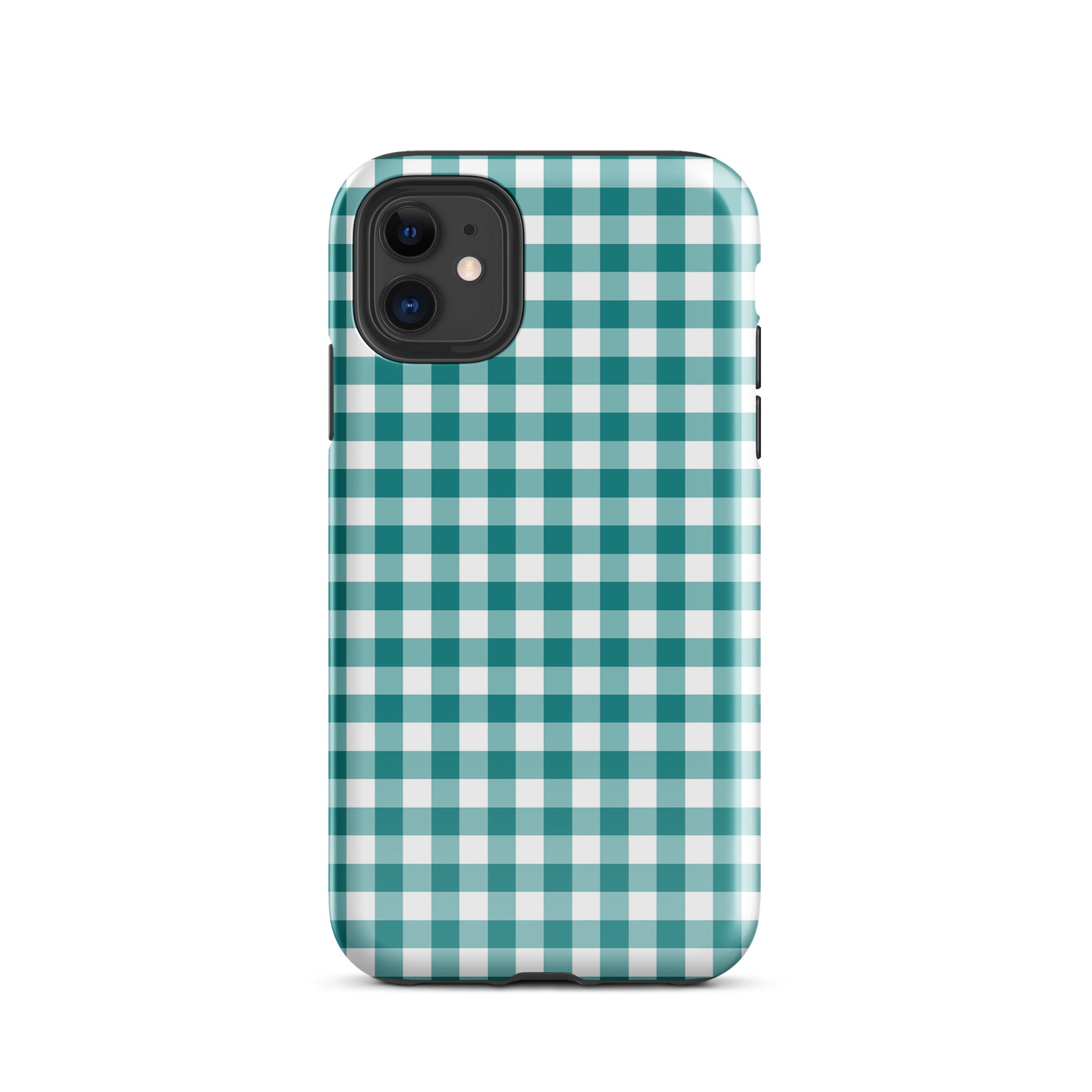 Phone Case for iPhone with teal and white gingham pattern, offering stylish protection and charm.