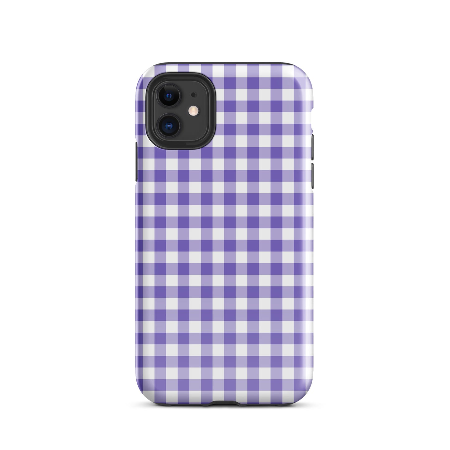 Phone Case with purple and white gingham pattern for iPhone, combining style and protection.