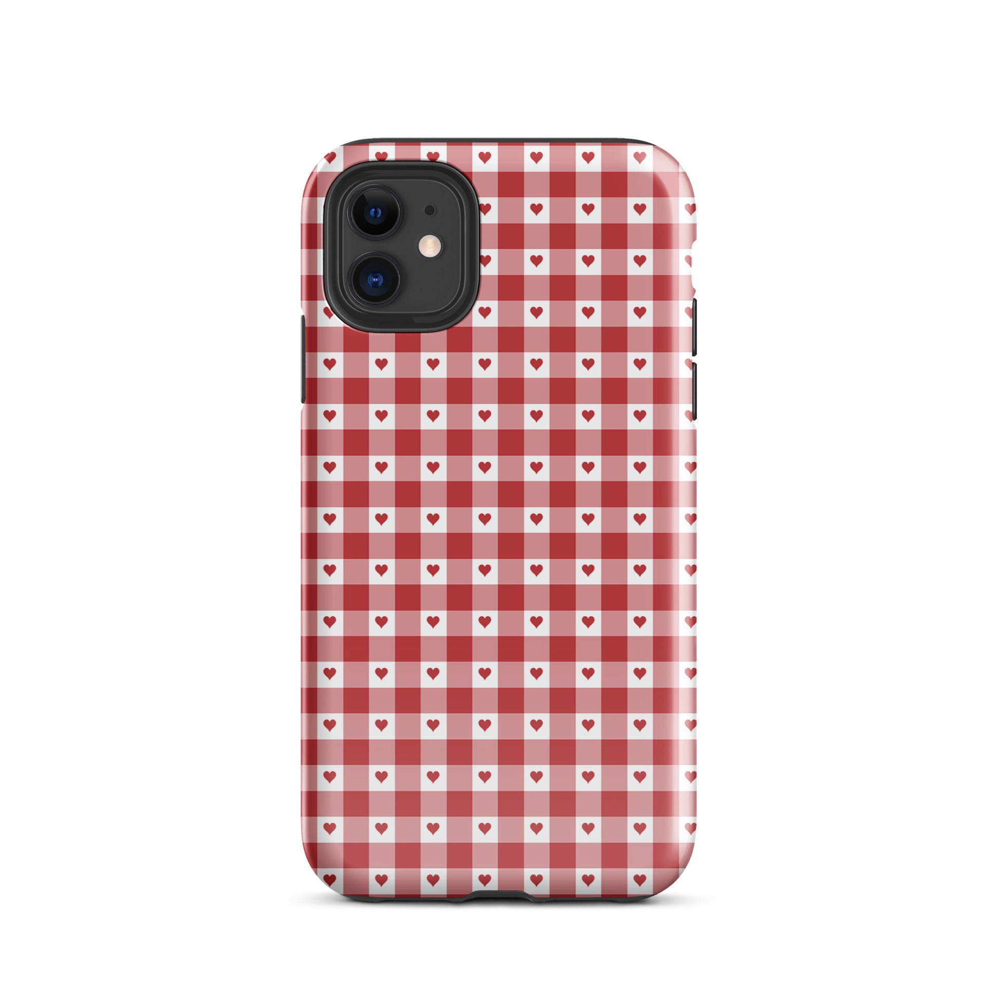 Phone Case for iPhone with red and white gingham pattern and red hearts, stylish protection and luxury design.