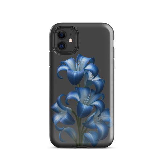Phone Case for iPhone with Blue Lily Bloom Art on dark backdrop, featuring vibrant floral design and tough dual-layer build.