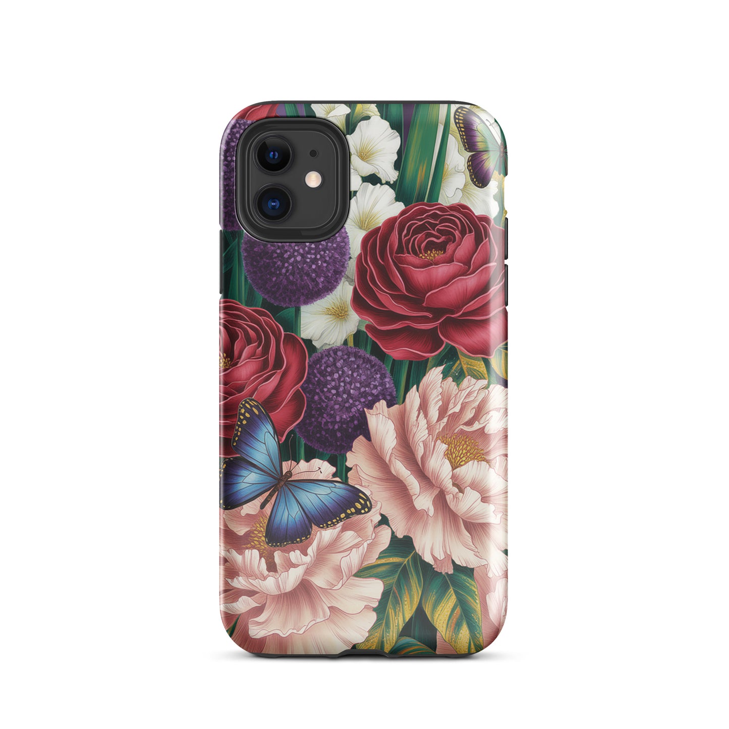 Phone Case for iPhone with botanical garden design featuring roses, peonies, alliums, and blue butterflies in delicate brushstrokes.