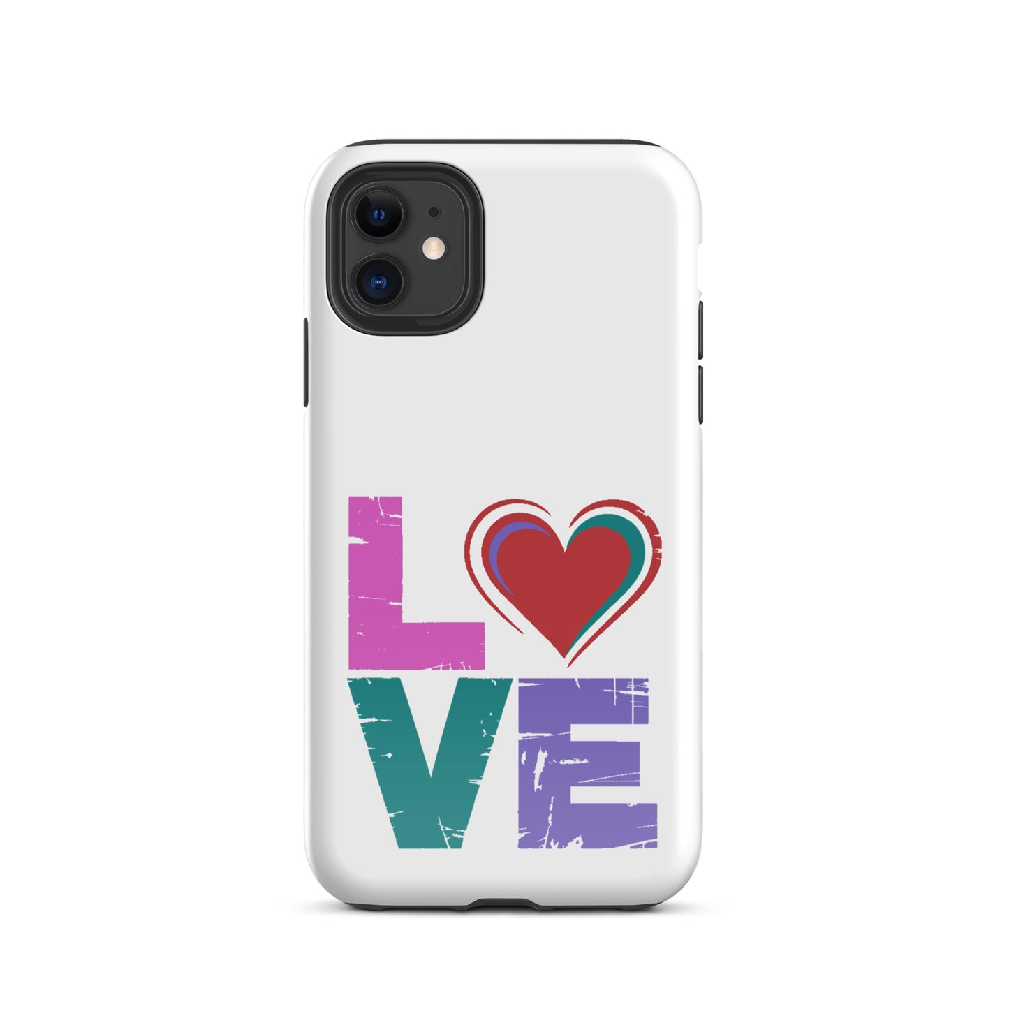 Love Dual Layer Tough Case for iPhones with colorful 'LOVE' design featuring heart. Stylish protection for your device.