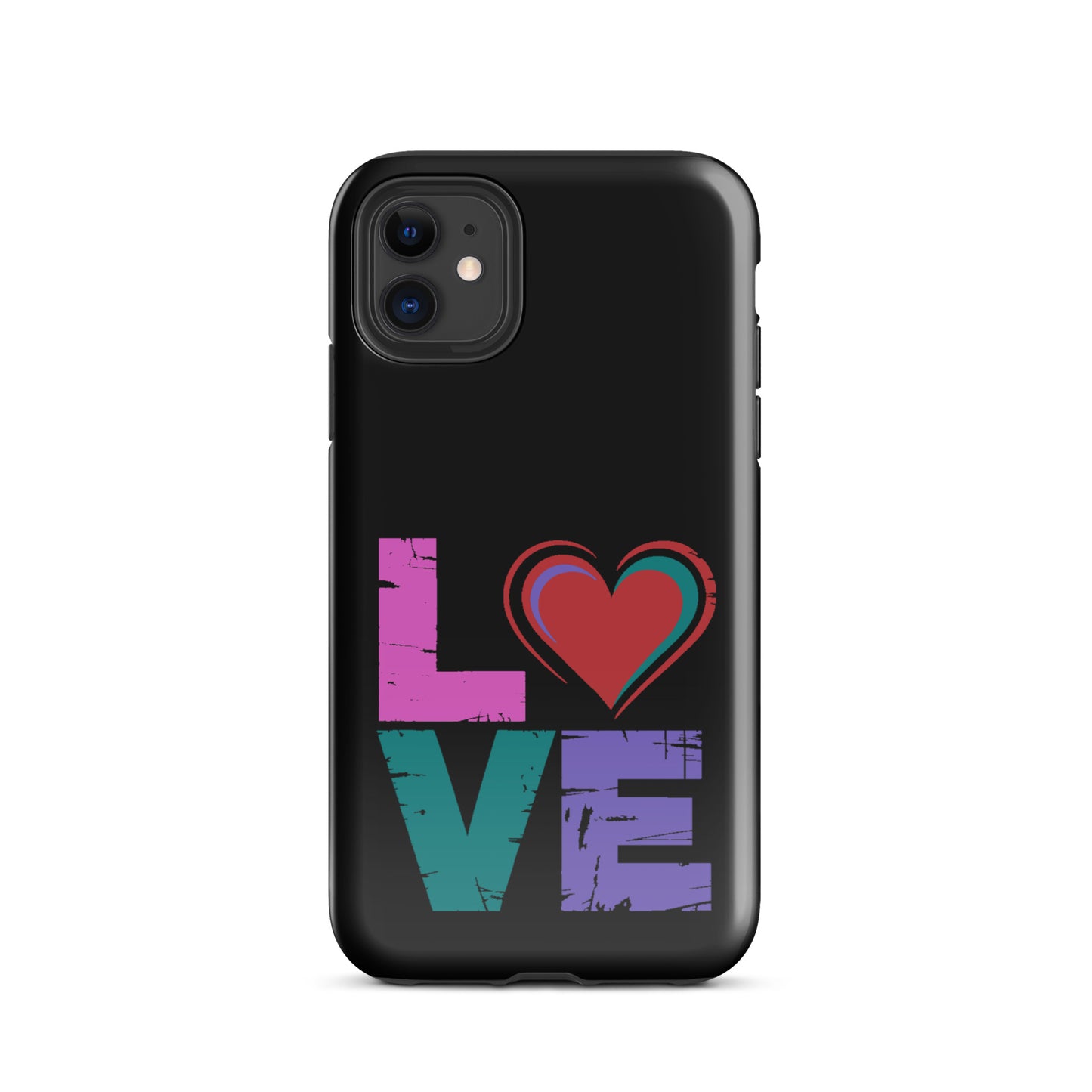 Love Dual Layer Tough Case for iPhones with colorful love design including a heart-shaped letter "o" on black background.