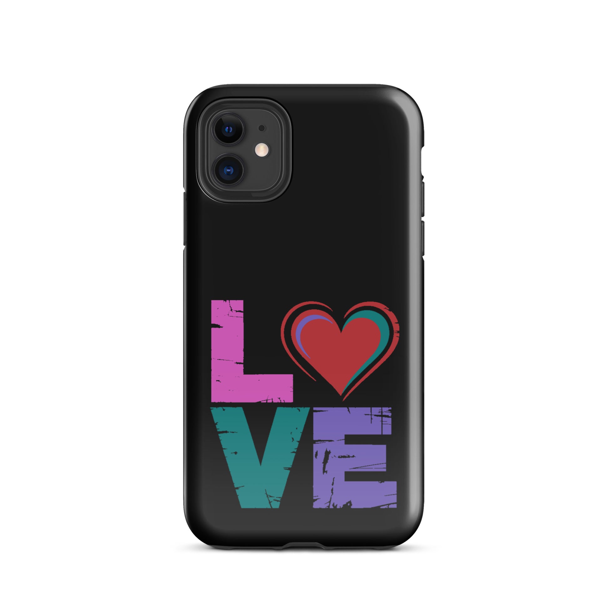 Love Dual Layer Tough Case for iPhones with colorful love design including a heart-shaped letter "o" on black background.