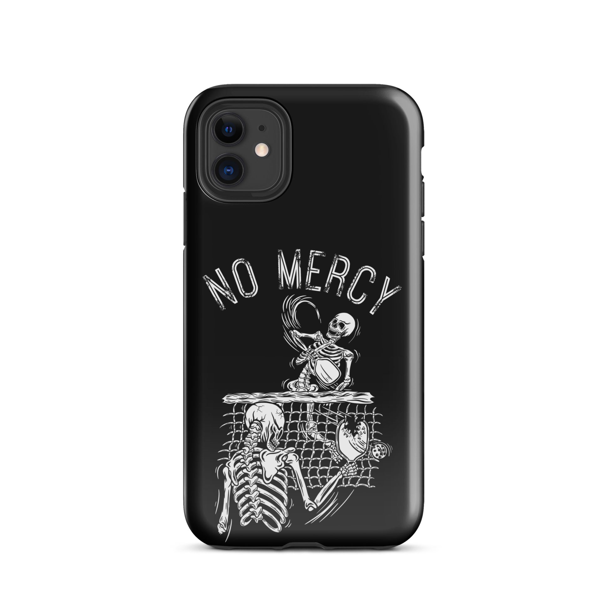 Pickleball iPhone case with 'No Mercy' design featuring skeletons playing. Perfect for aggressive players who love pickleball.