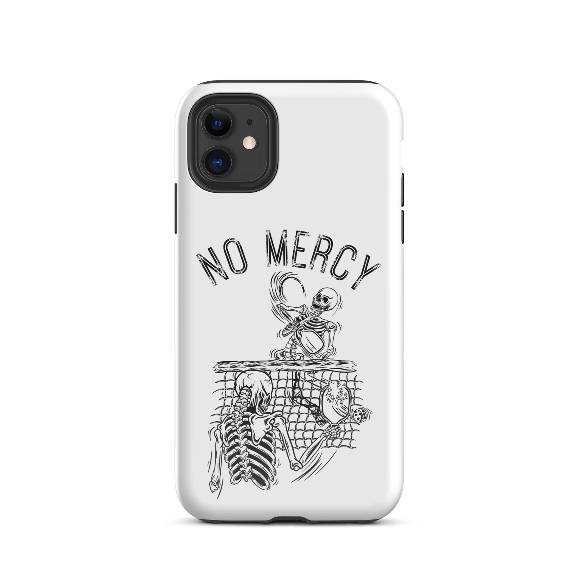 Pickleball iPhone case with 'No Mercy' design, showcasing a skeleton on a net, ideal for intense players. Protects phone strongly.