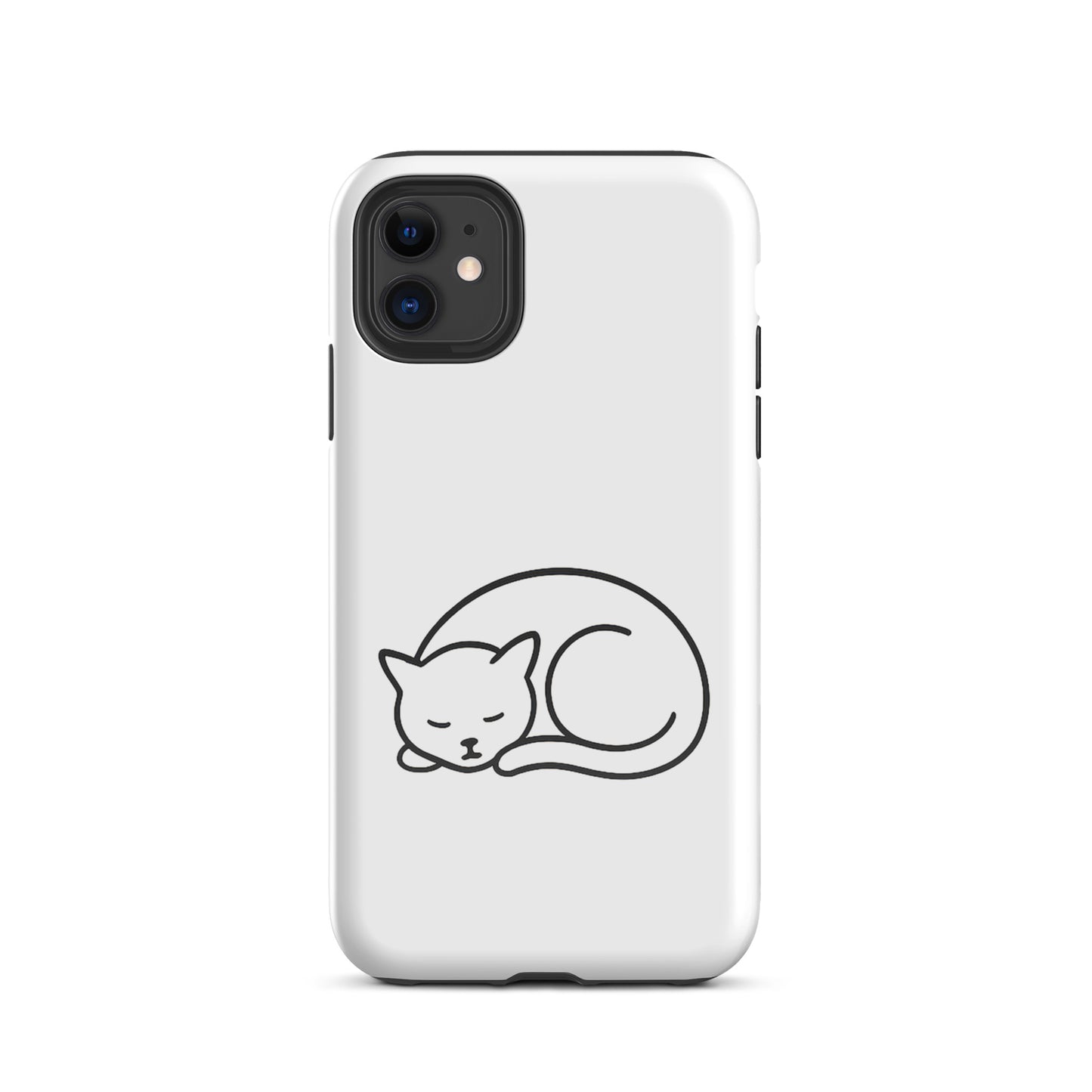 Minimalist phone case for iPhone featuring curled-up cat design, dual-layer protection for cat lovers. Stylish and durable accessory.