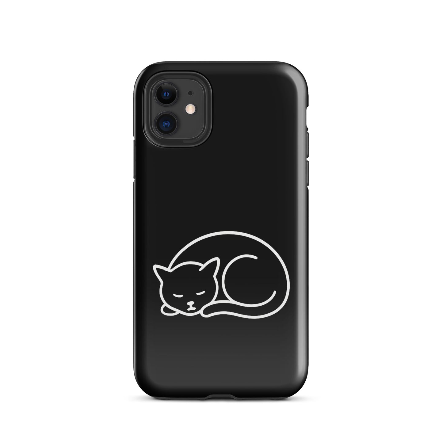 Black phone case for iPhone with minimalist curled-up cat design, featuring dual-layer protection for enhanced device safety.