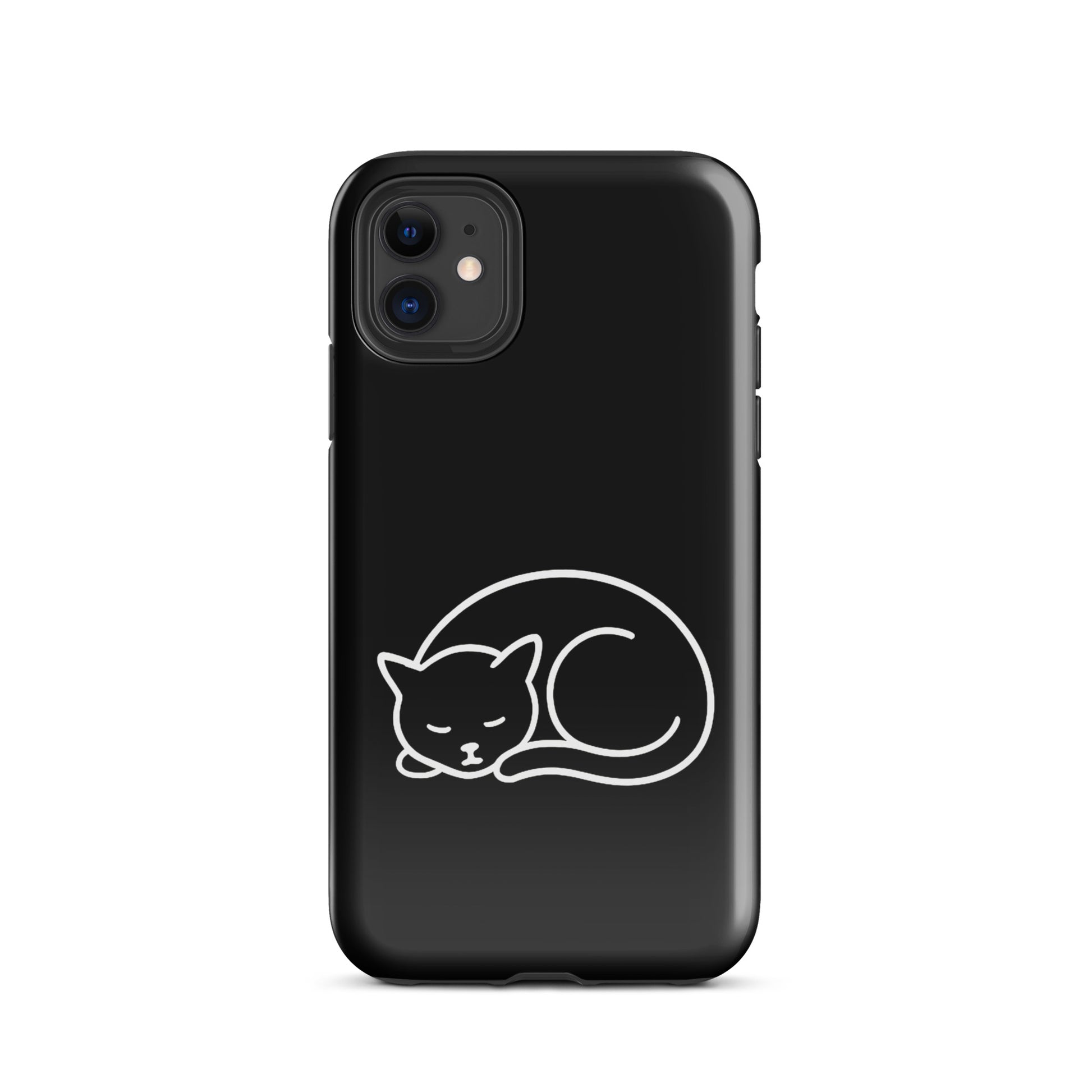 Black phone case for iPhone with minimalist curled-up cat design, featuring dual-layer protection for enhanced device safety.