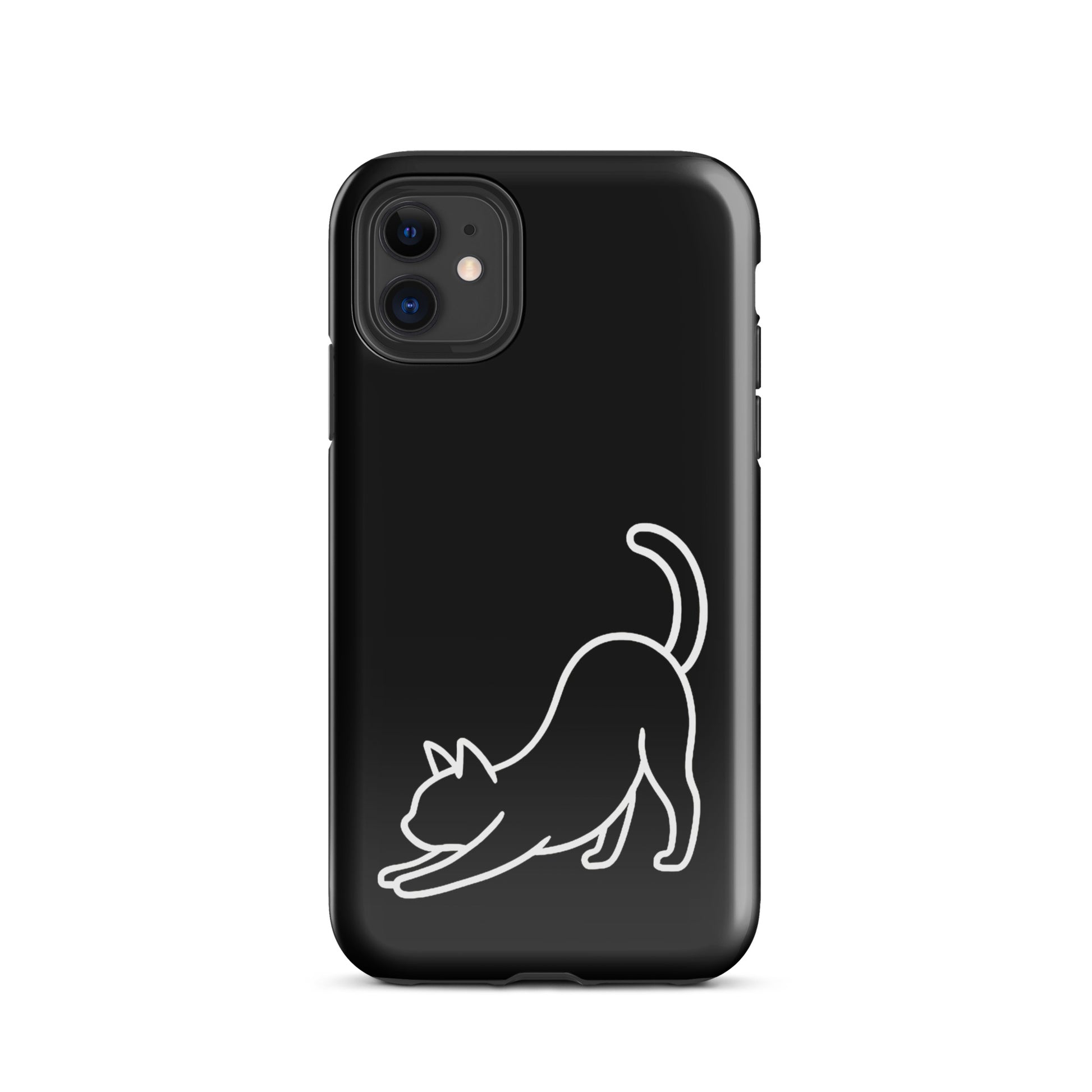 Phone Case for iPhone with minimalist stretching cat design, black protective cover showcasing feline graphics.