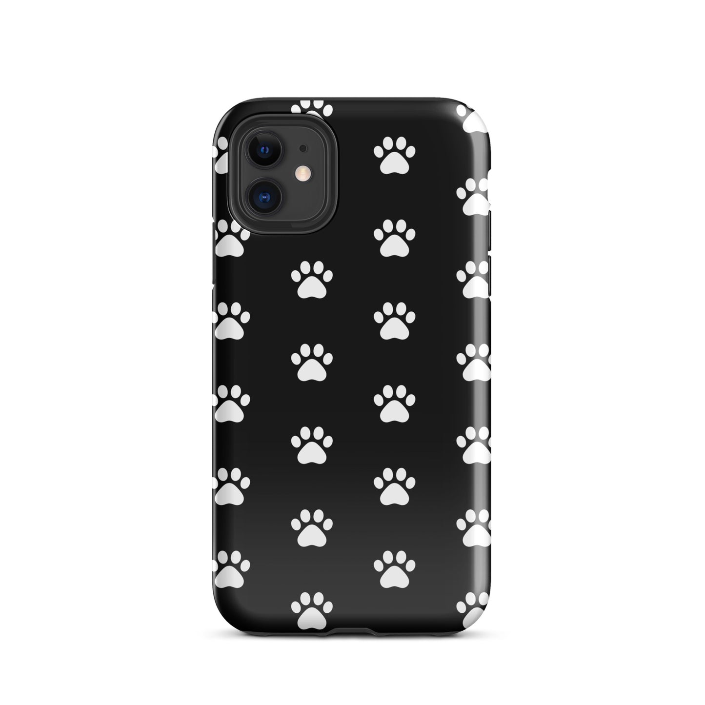 Phone Case for iPhone with paw print design, perfect for cat and dog lovers, featuring minimalist pet-themed aesthetic, black background.