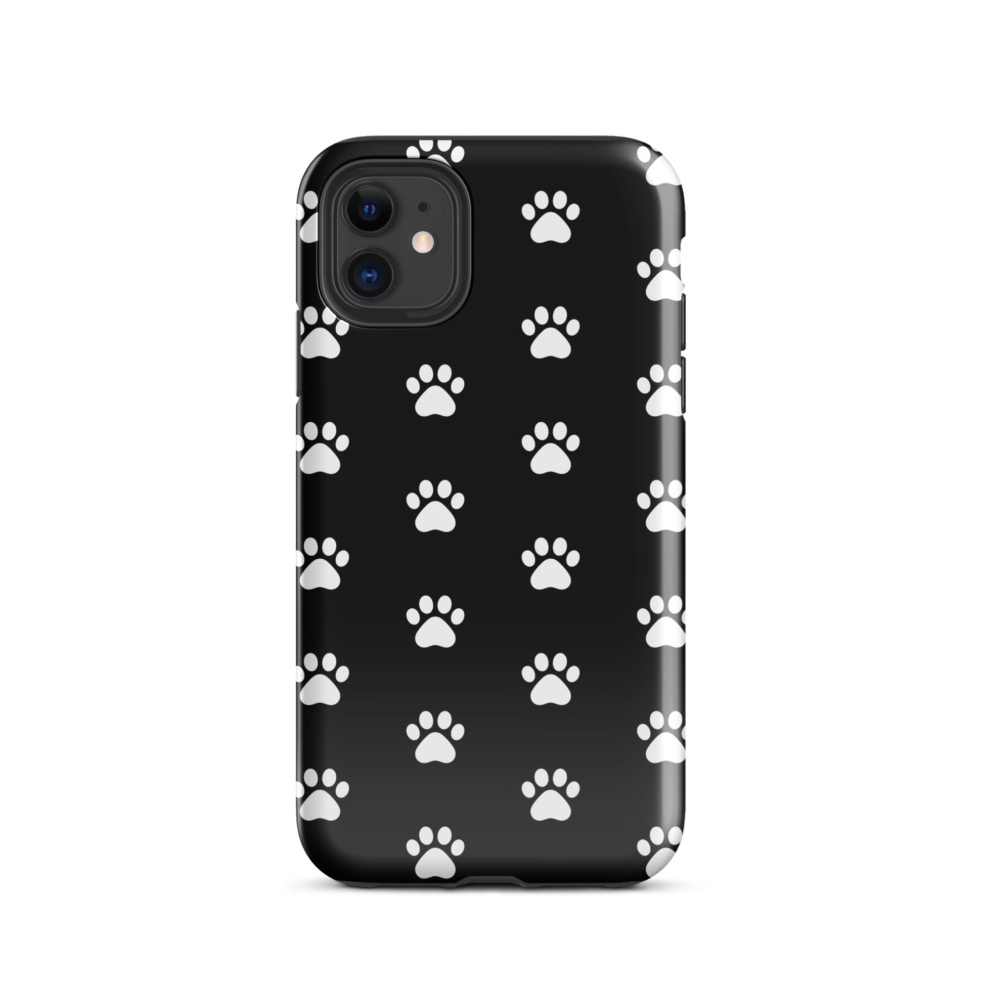 Phone Case for iPhone with paw print design, perfect for cat and dog lovers, featuring minimalist pet-themed aesthetic, black background.