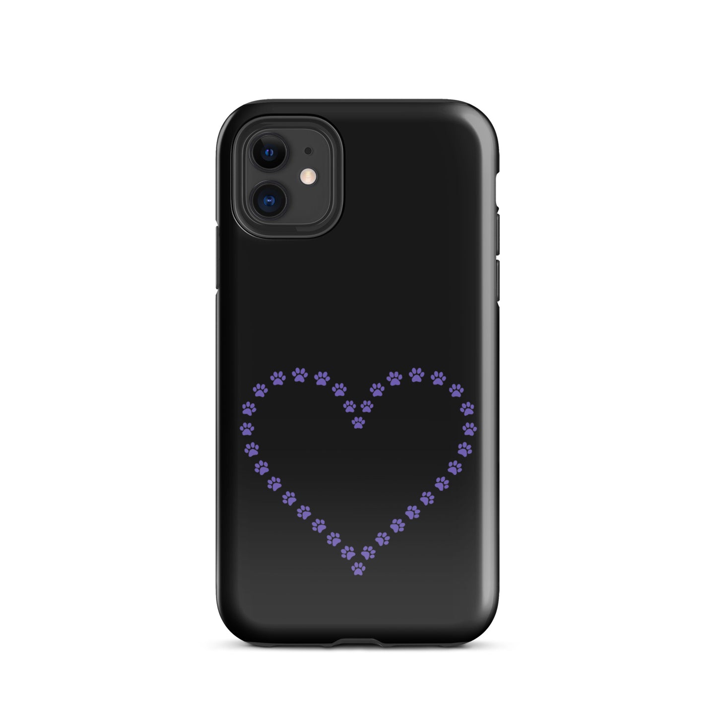 Phone Case with cute paw print heart design for pet lovers, featuring a whimsical heart outline made of paw prints on a black background.