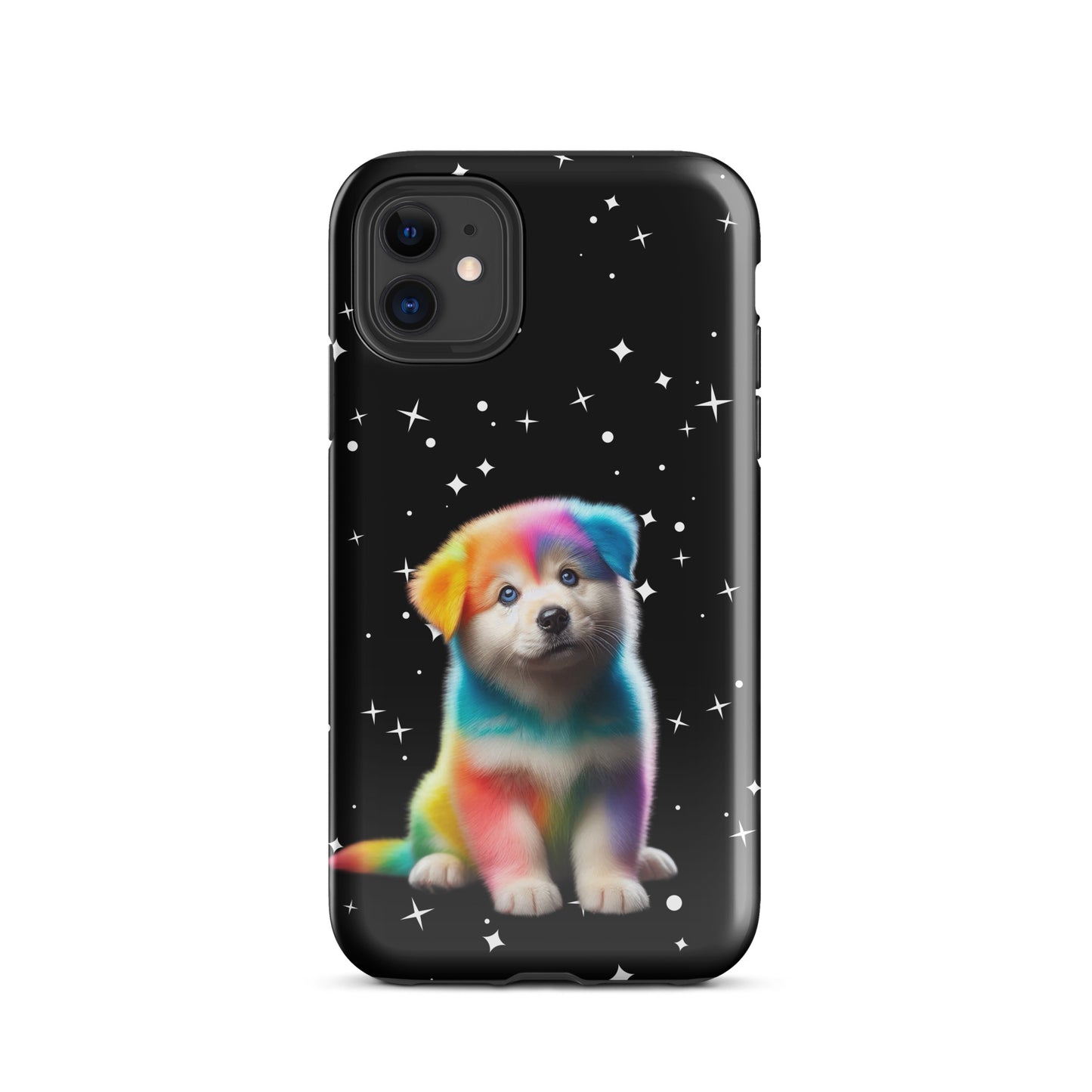 Phone Case with rainbow puppy and starry night design for iPhone.