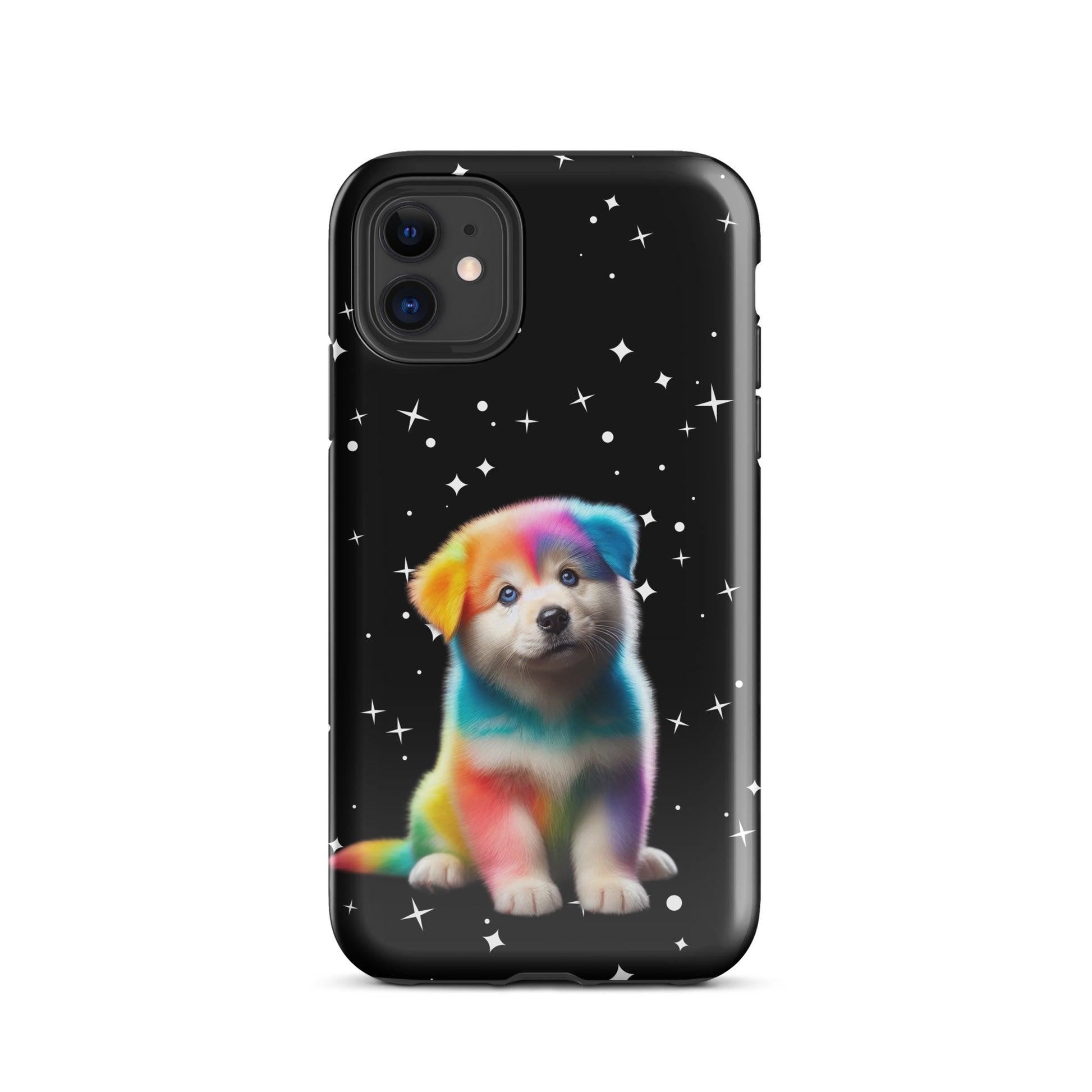 Phone Case with rainbow puppy and starry night design for iPhone.