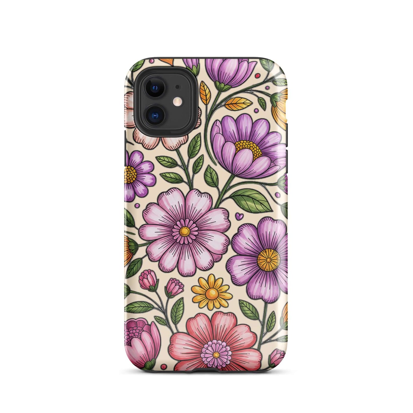 Phone Case for iPhone with pastel floral design showing pink, peach, lavender flowers on a deep background for stylish protection.
