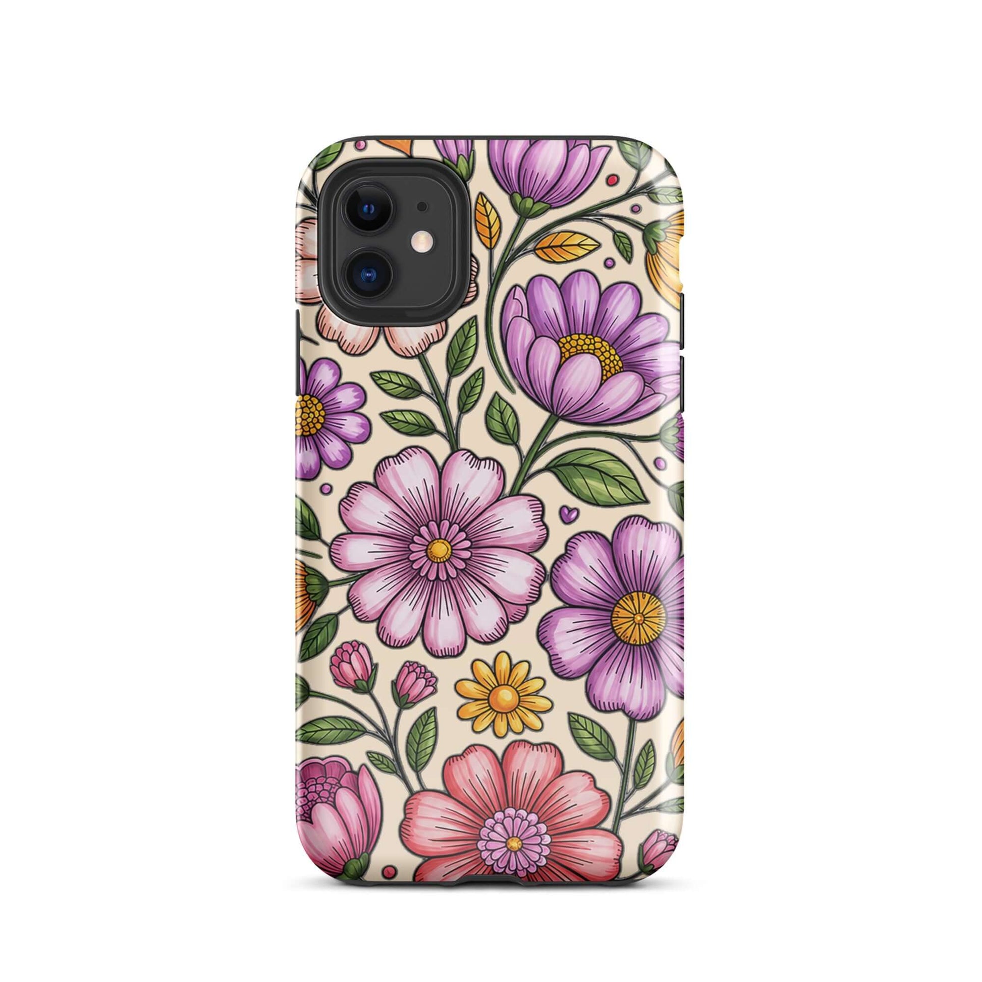 Phone Case for iPhone with pastel floral design showing pink, peach, lavender flowers on a deep background for stylish protection.