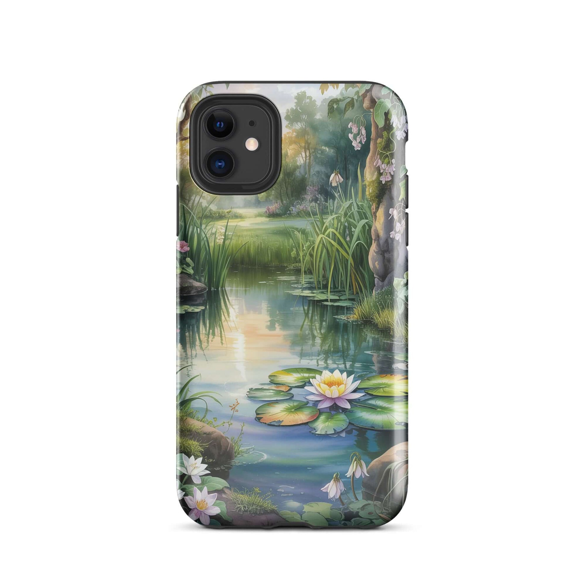 Phone Case for iPhone with Enchanted Pond design featuring lilies, wildflowers, and a sunset glow creating a storybook ambiance.