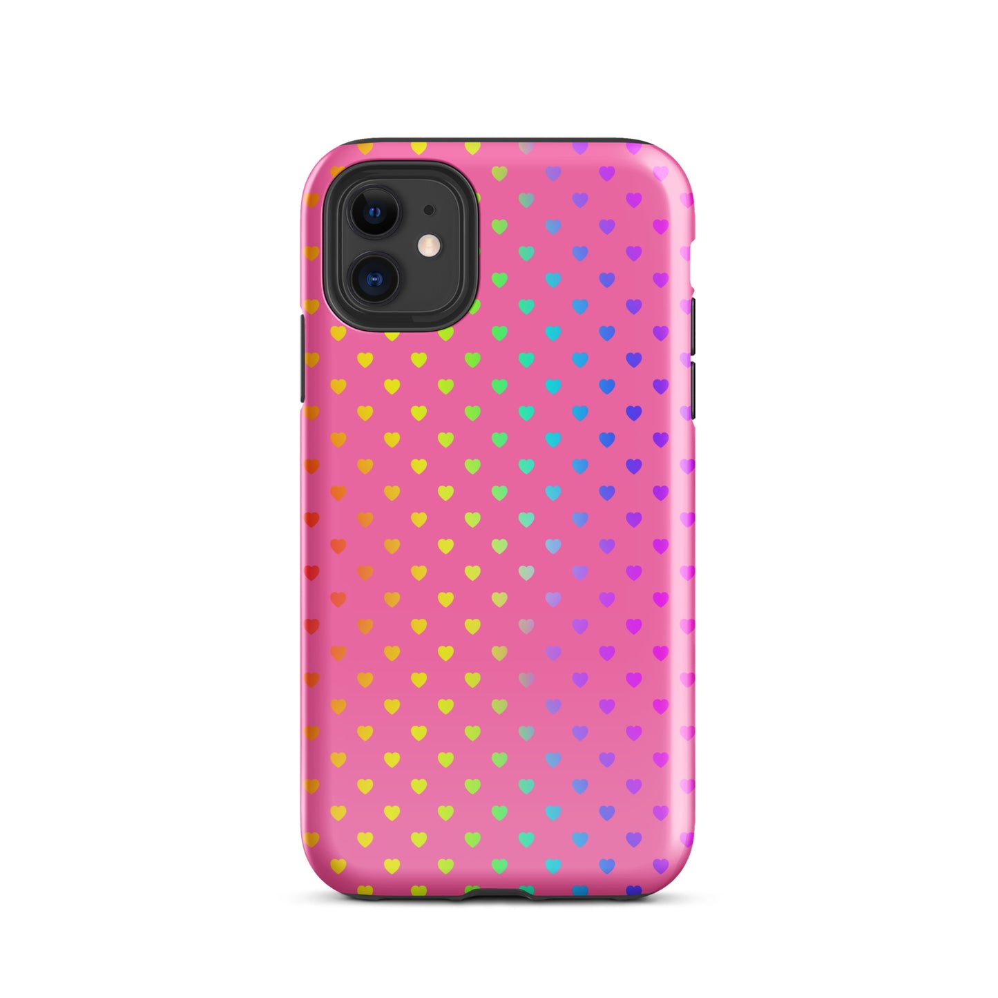 Cute rainbow hearts Phone Case for iPhone on pink background, colorful and protective accessory for iPhone.