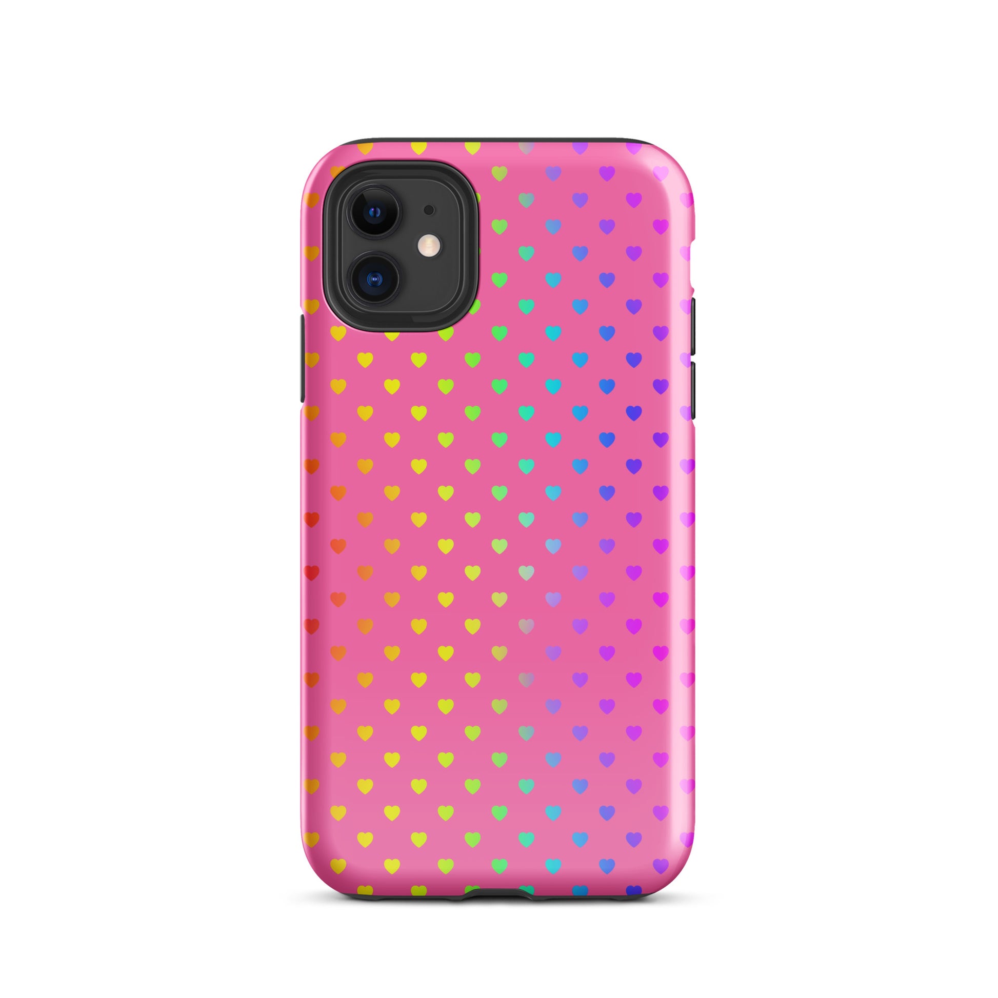 Cute rainbow hearts Phone Case for iPhone on pink background, colorful and protective accessory for iPhone.