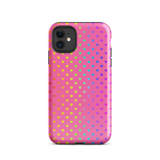 Cute rainbow hearts Phone Case for iPhone on pink background, colorful and protective accessory for iPhone.