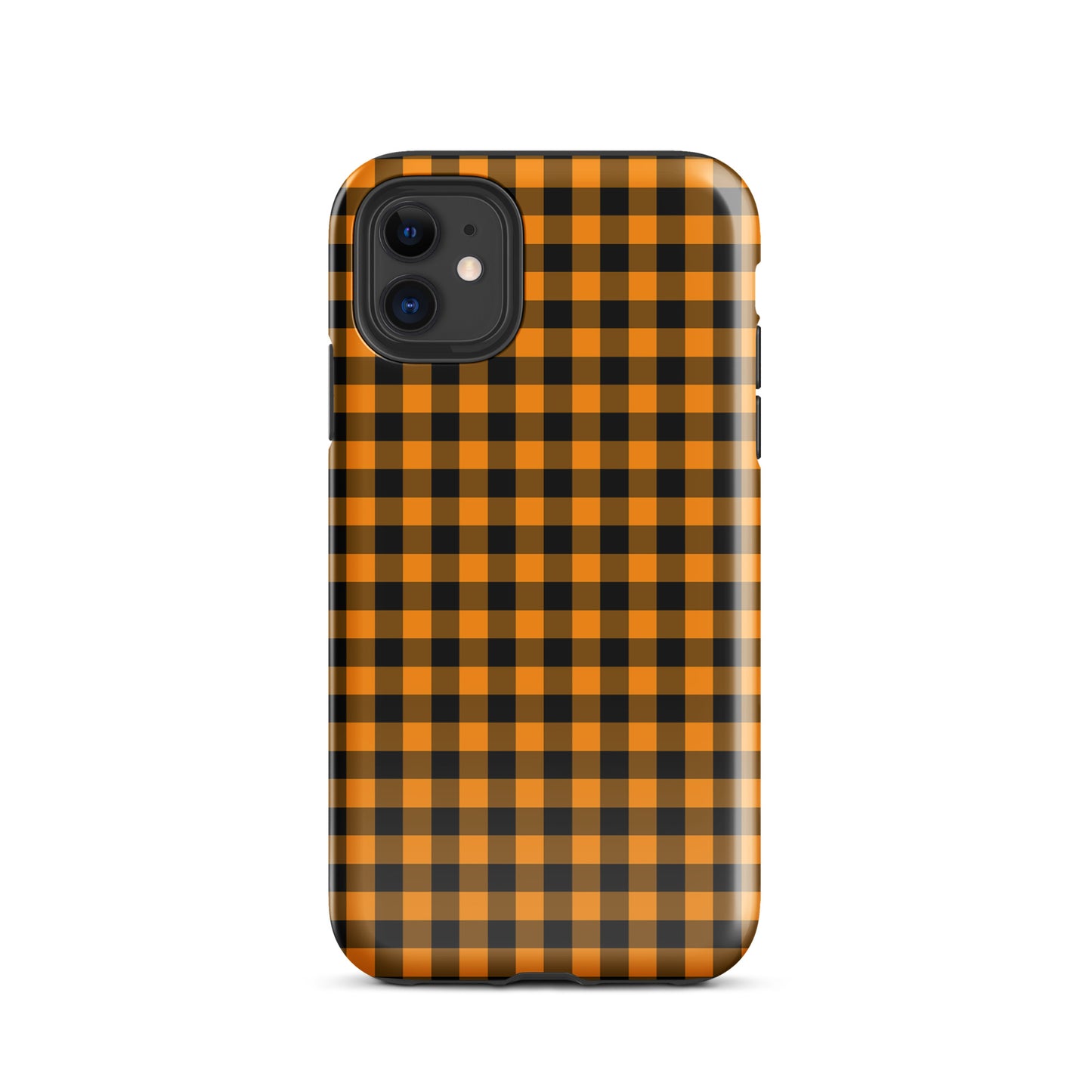 Black-and-orange gingham phone case for iPhone with autumn theme pattern, combining style and durability.