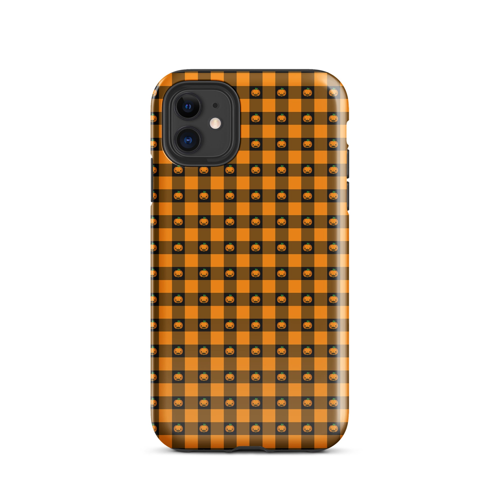 Phone Case for iPhone with playful pumpkin gingham Halloween design, featuring a bold checkered layout and jack-o’-lantern faces.