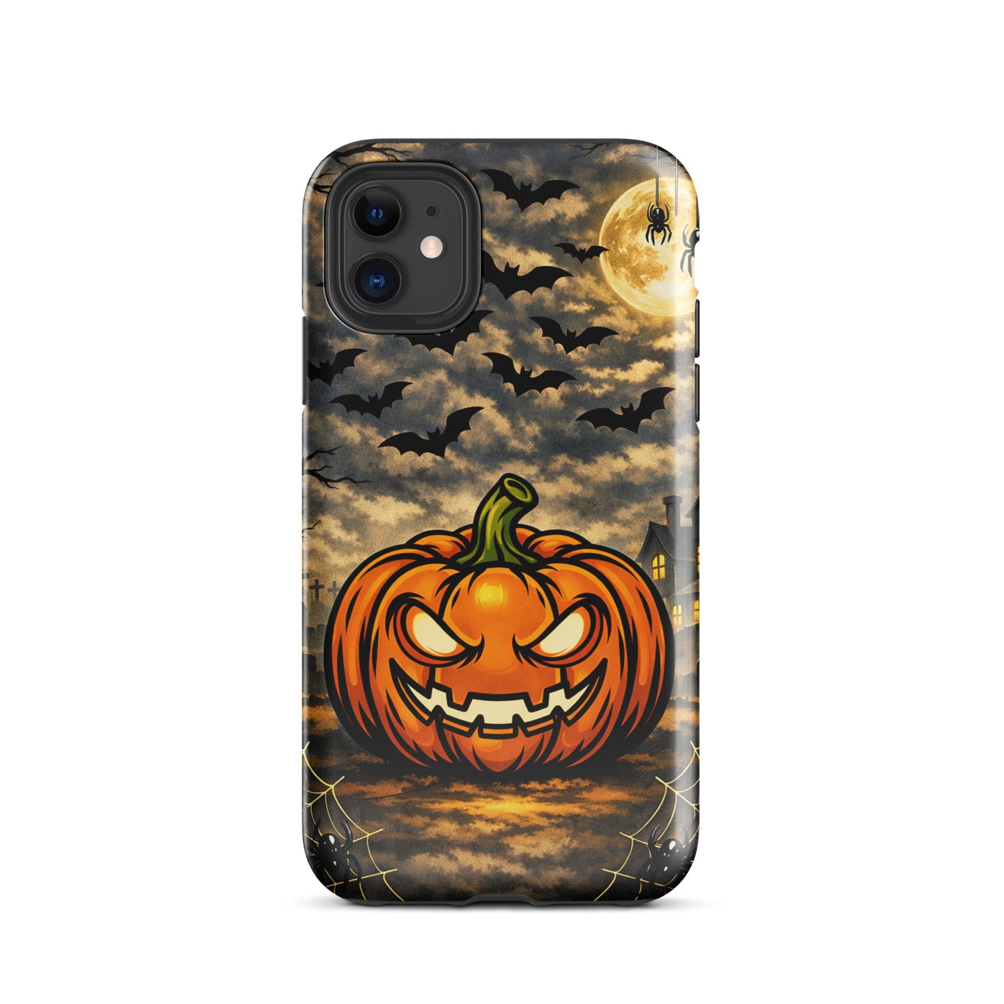 Phone Case with a glowing jack-o'-lantern, bats, and haunted house in Halloween scene for iPhone. Spooky charm and moonlit clouds design.