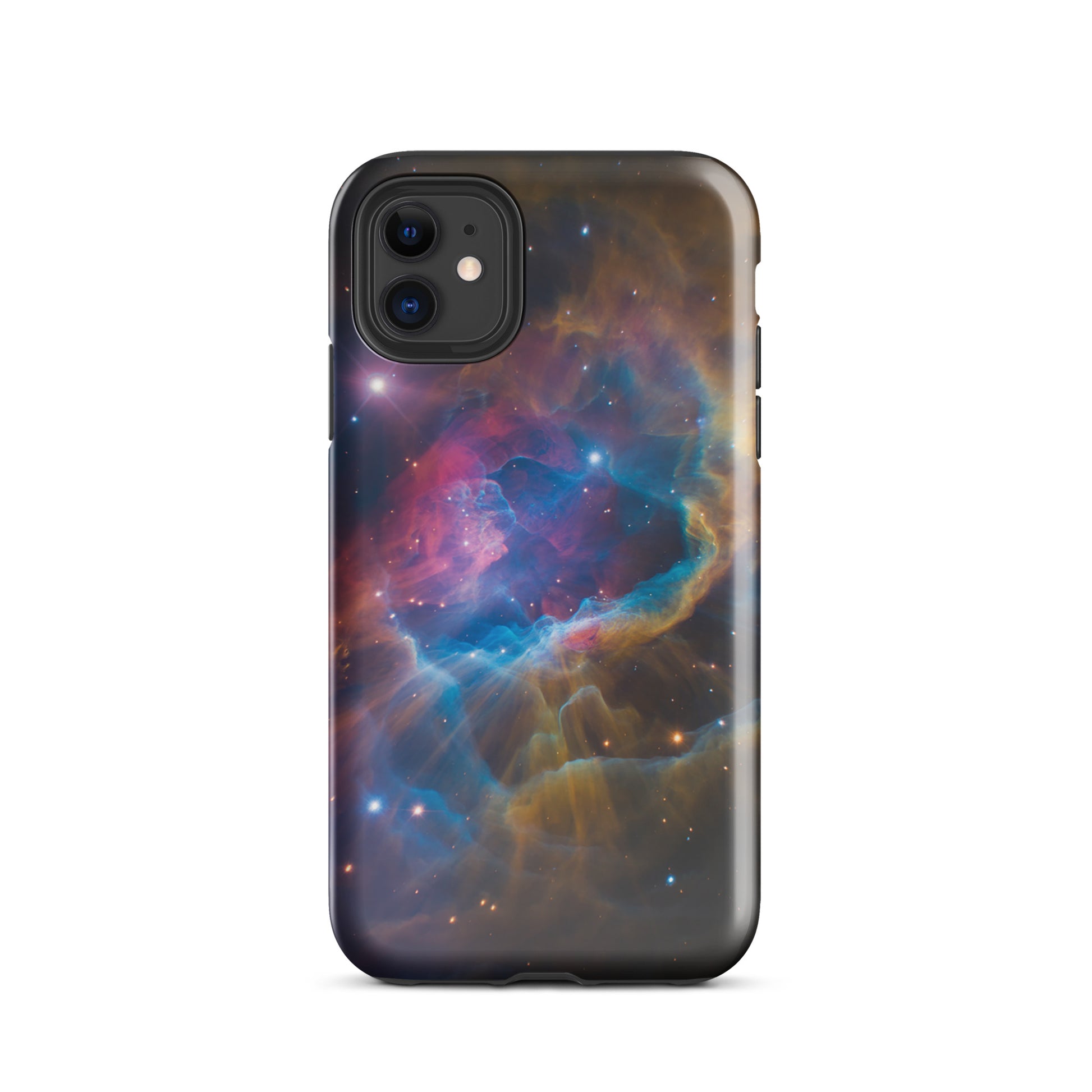 Phone Case for iPhone with Nebula Cosmic Dreamscape design featuring vibrant blues, oranges, and pinks resembling a celestial scene.