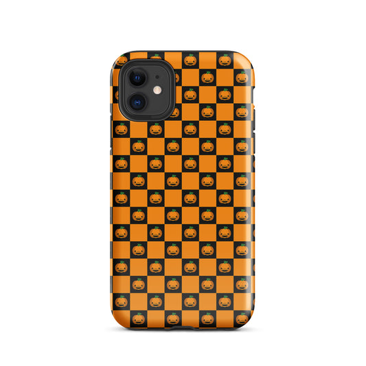 Phone Case for iPhone with playful pumpkin checkered Halloween design, featuring orange and black squares with jack-o'-lanterns.