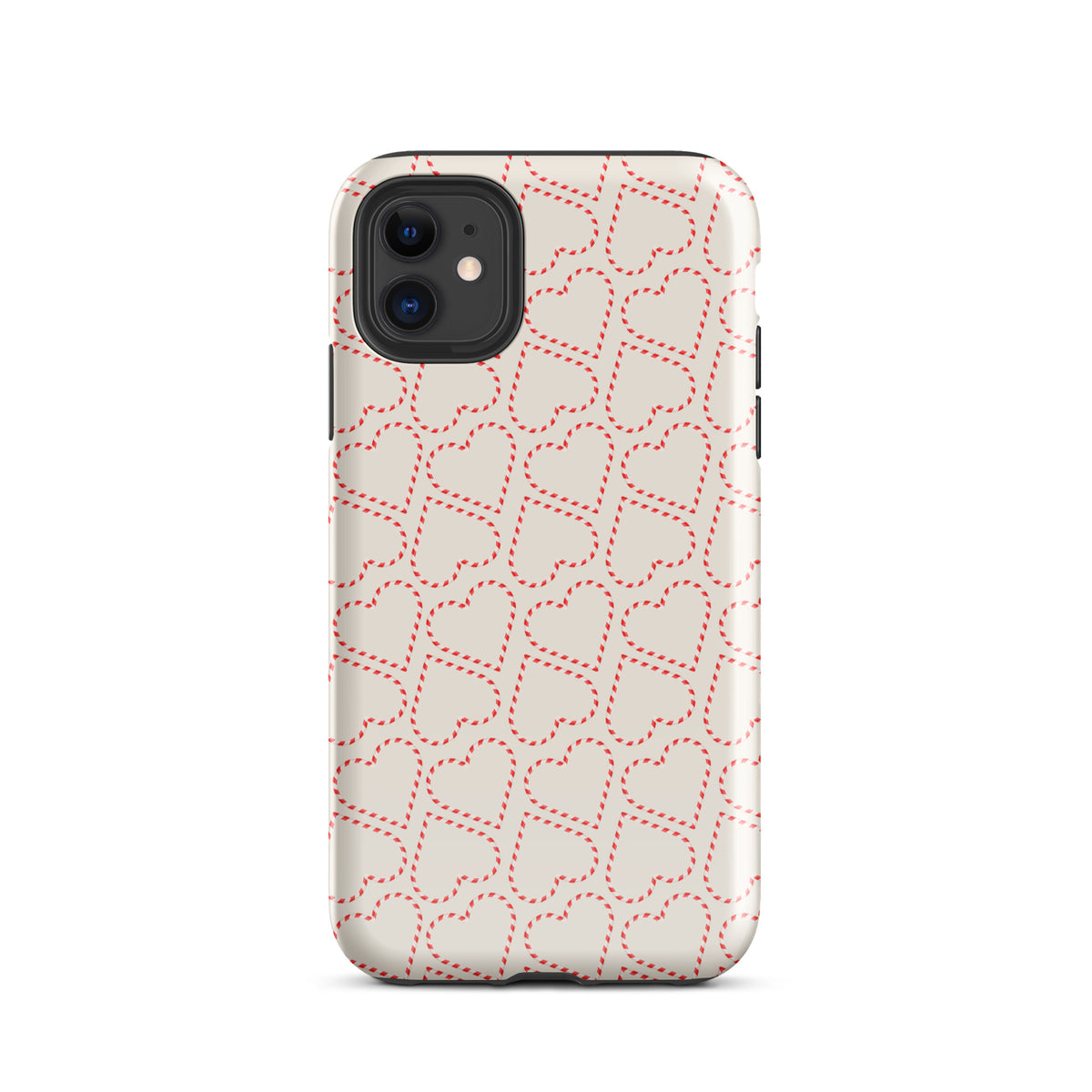 Phone Case for iPhone with holiday candy cane heart pattern, featuring red and white stripes for festive winter celebrations.
