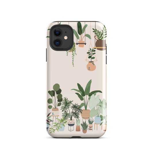 Phone Case for iPhone with botanical design, featuring hanging and potted plants, nature-inspired theme.