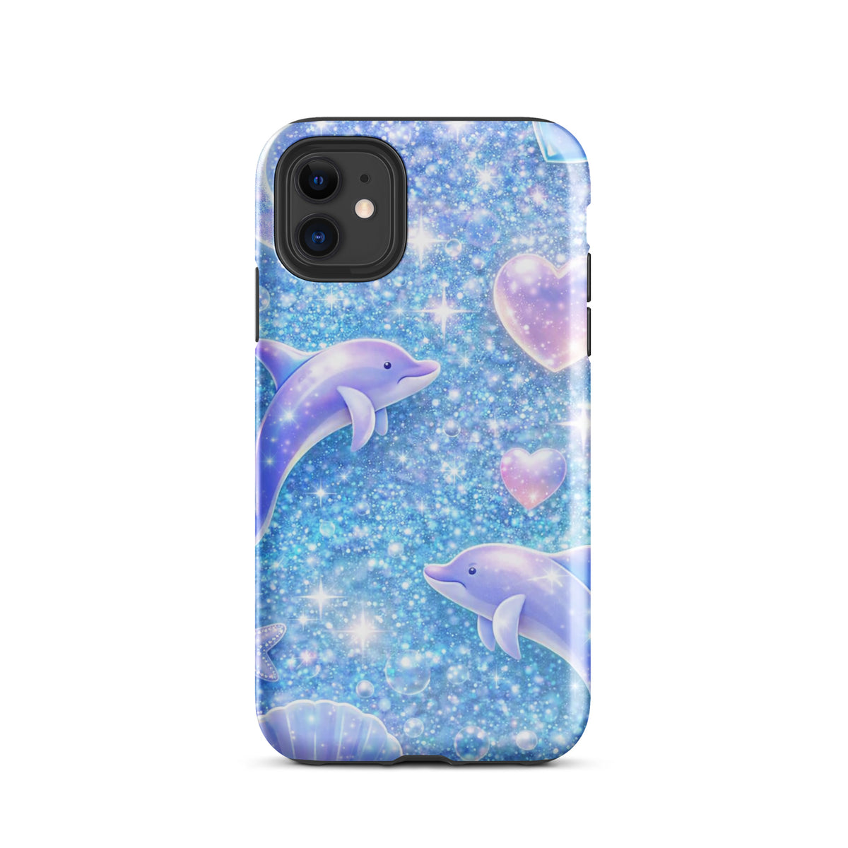 Phone Case featuring ocean glitter design with dolphins, moons, and shells for iPhone.